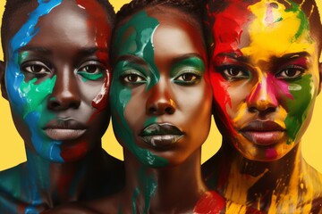 Obraz premium red green yellow, three beautiful african women with colors painted on their faces,Black History Month, Africa, racial equality, civil and justice racism and discrimination