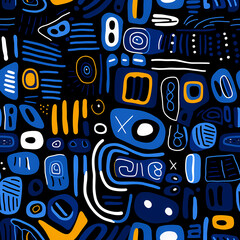 black and blue seamless pattern with modern abstract fun shapes