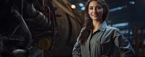 Fototapeta na wymiar Aerospace woman engineer work on maintaining an airplane jet engine. banner
