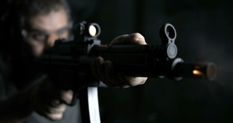Detailed 800fps Slow-Motion of Man Aiming and Firing Assault Rifle, Close-Up High-Speed Powerful...