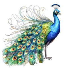 Watercolor peacock with feathers, isolated on transparent background