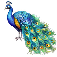 Obraz premium Watercolor peacock with feathers, isolated on transparent background