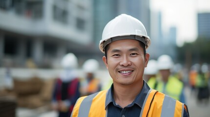 Portrait. Young Asian worker, smiling looking at camera with blurred construction site.