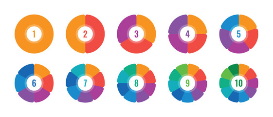 colored 1-10 segmented circles. 1-10-slice pie chart template