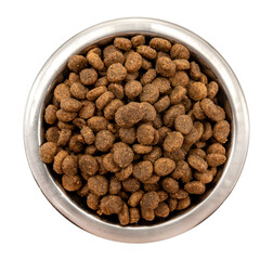 Dry food for dogs and cats in a metal bowl on a white background. View from above. Pet food