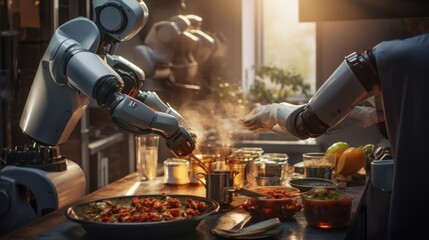 Robotic arms making cooking in the kitchen