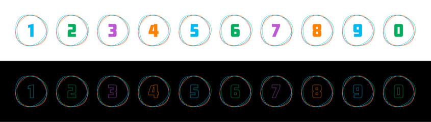 colorful circle and numbers 0-9 on white background. colorful circle and numbers on black background