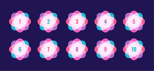 colorful ellipses and numbers 1-10 on dark blue background. numbers 1-10 in ellipse
