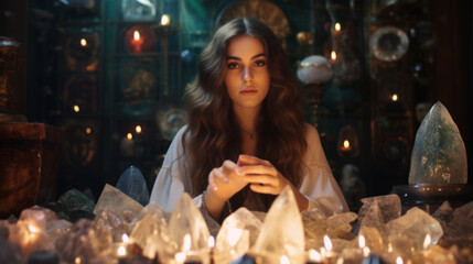 beautiful young woman and altar with crystals and candles - obrazy, fototapety, plakaty