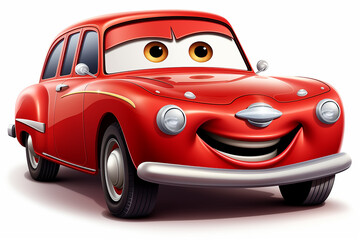 Cartoon red car with smiley face on white background