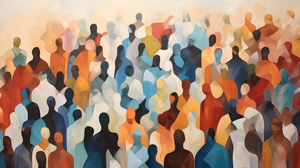 Painting of Abstract Shapes Representing Diverse Crowd of People. Diversity, Equity, Inclusion and Belonging. - obrazy, fototapety, plakaty