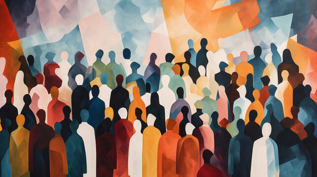 Painting of Abstract Shapes Representing Diverse Crowd of People. Diversity, Equity, Inclusion and Belonging.
