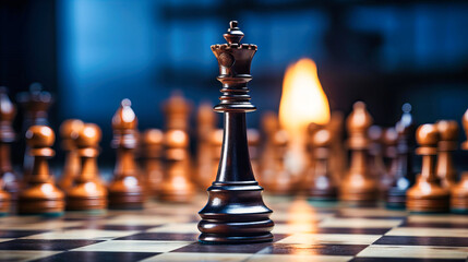 Close-up of a chess game with a focus on the king piece