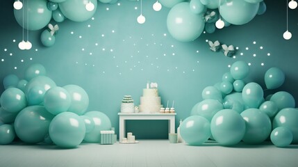 Fototapeta na wymiar Birthday decorations on a wall background, including balloons, garland, and decorations for a small baby celebration. concept of a celebration baptism. infant text. Stylish Cake.