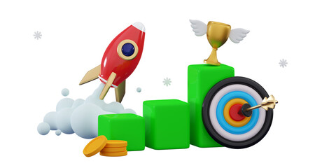 3d flying space rocket with arrow hitting dartboard target and champion cup wings Trading graph Business statistic concept