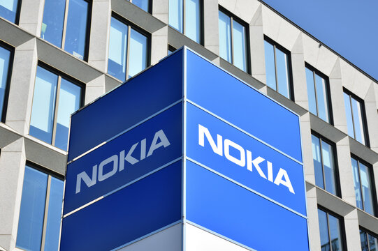 Nokia sign, logo at Nokia Solutions and Networks building, branch of global Finnish company, telecommunications equipment supplier. WARSAW, POLAND - SEPTEMBER 12, 2020