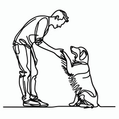 Man high-fiving dog in continuous line art drawing style. Pet and people friendship. Black linear sketch isolated on white background. Vector illustration
