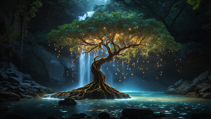Amidst a tranquil forest, a solitary tree of life stands beneath a waterfall of bio-luminous water at night - AI Generative - obrazy, fototapety, plakaty