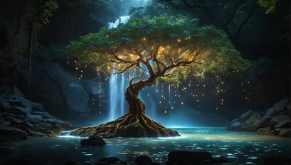 Foto op Plexiglas Amidst a tranquil forest, a solitary tree of life stands beneath a waterfall of bio-luminous water at night - AI Generative © Being Imaginative