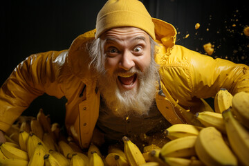 Hungry man finding yellow bananas, suprised excited face, hands grab for the fruits, awkward and funny moment