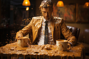 Man spilling cup of coffee over his business suit, awkward moment at a restaurant, embarrassing situation