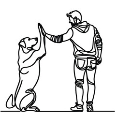 Man high-fiving dog in continuous line art drawing style. Pet and people friendship. Black linear sketch isolated on white background. Vector illustration