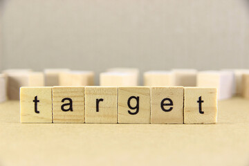 Short word english letter with text "target" on a small wooden cubes block with bright background.Copy space concept and selection focus.