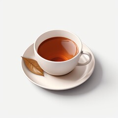 A cup of tea with a leaf on a saucer on white background