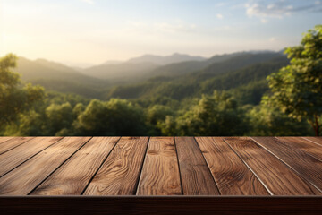 Wooden table in front of blurred landscape background