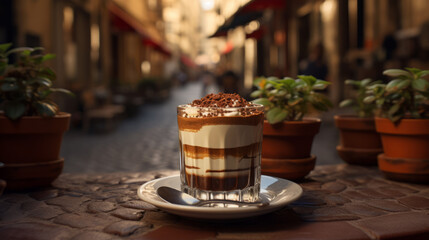 Classic tiramisu in a glass jar in Italian cafe. Traditioanal italian dessert.