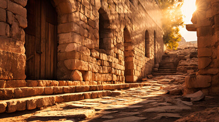 Sunlight casting shadows on ancient, weathered stone structures