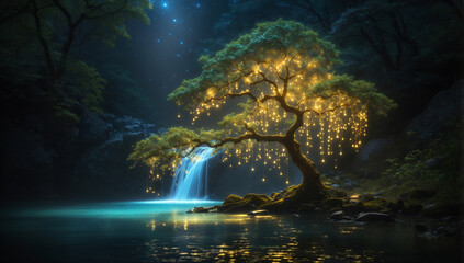 Amidst a tranquil forest, a solitary tree of life stands beneath a waterfall of bio-luminous water at night - AI Generative