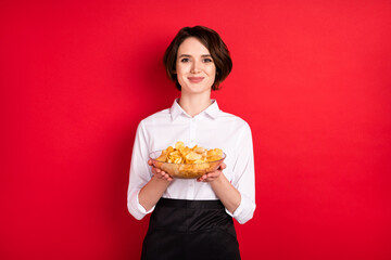 Photo of charming happy nice waitress good mood hold plate order snack isolated on red color background