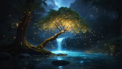 Fototapeten Amidst a tranquil forest, a solitary tree of life stands beneath a waterfall of bio-luminous water at night - AI Generative © Being Imaginative