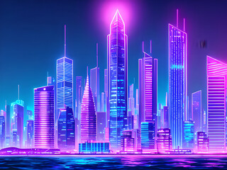 Obraz premium Synthetic wave, cyber wave in futuristic cyberpunk style, neon city at night near the beach, generative AI