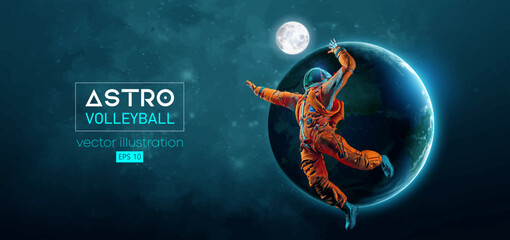 Abstract silhouette of a volleyball player astronaut in space action and Earth, Mars, planets on the background of the space. Volleyball player astronaut hits the ball. Vector 3d render illustration - obrazy, fototapety, plakaty