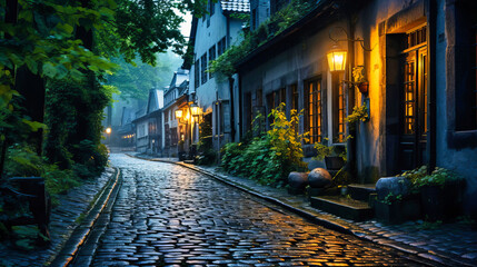 Atmospheric streetscape of a picturesque, cobblestone alley