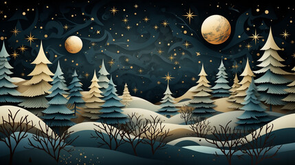 Beautiful wide horizontal Xmas Facebook cover background illustration with Christmas trees and snow in winter