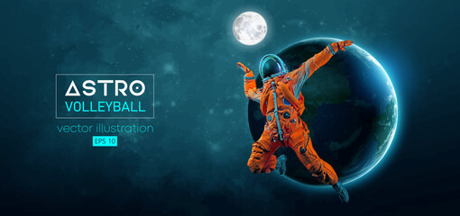 Abstract silhouette of a volleyball player astronaut in space action and Earth, Mars, planets on the background of the space. Volleyball player astronaut hits the ball. Vector 3d render illustration