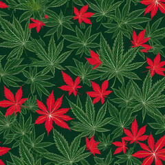 Red and green marijuana cannabis leaves Christmas background