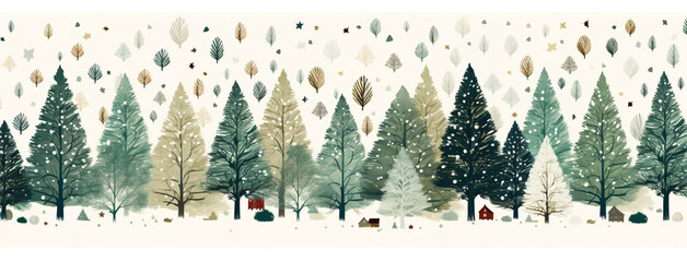 Beautiful wide horizontal Xmas cartoon banner background illustration with Christmas trees and snow in winter - obrazy, fototapety, plakaty