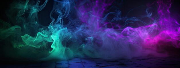 Neon smoke on room floor.  Neon fairytale smoke moves on black background. Panoramic view of the abstract fog. Swirling cloudiness, mystery mist or smog rolling low across the ground. - obrazy, fototapety, plakaty