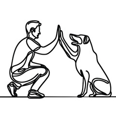 Fototapeta na wymiar Man high-fiving dog in continuous line art drawing style. Pet and people friendship. Black linear sketch isolated on white background. Vector illustration