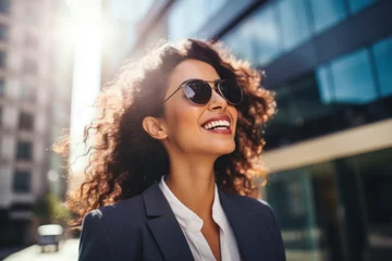 Foto op Plexiglas Confident smiling confident professional businesswoman leader wearing suit and sunglasses thinking of success, dreaming of new goal outdoor. © Natalia Klenova