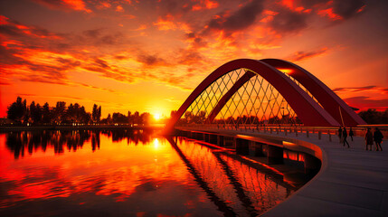 Naklejka premium Ethereal silhouette of a modern bridge against a fiery sunset