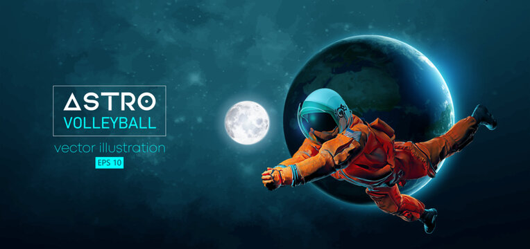Abstract silhouette of a volleyball player astronaut in space action and Earth, Mars, planets on the background of the space. Volleyball player astronaut hits the ball. Vector 3d render illustration