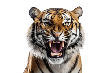 Tiger with roaring face isolated on transparent background. Concept of animals.