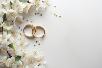 Wedding card in white colors with flowers and wedding rings. Generative AI - obrazy, fototapety, plakaty
