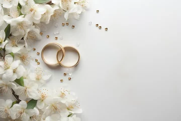 Fotobehang Wedding card in white colors with flowers and wedding rings. Generative AI © barmaleeva