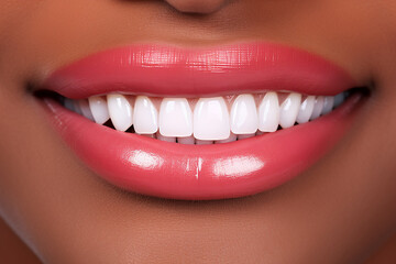 Close-up of beautiful female smile with healthy teeth. Dental care concept